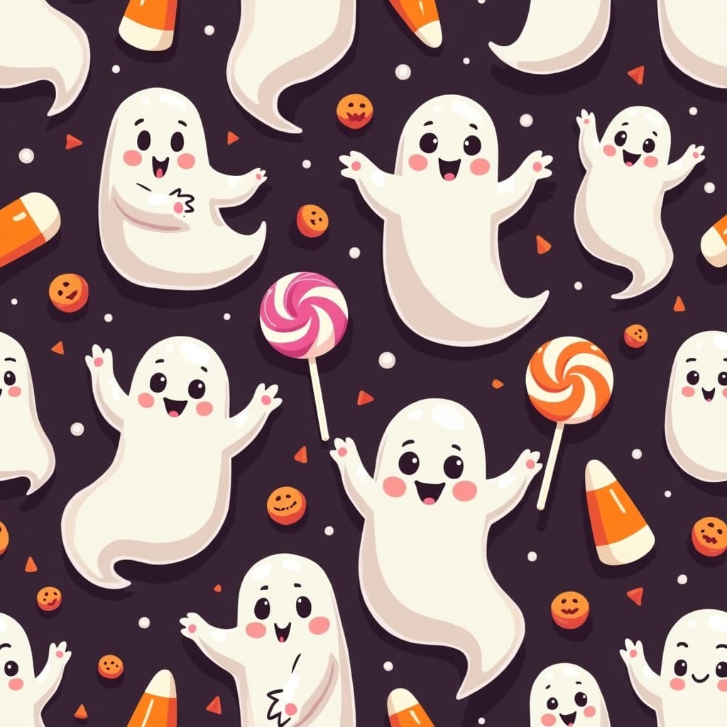 Friendly ghosts with candy corn and lollipops