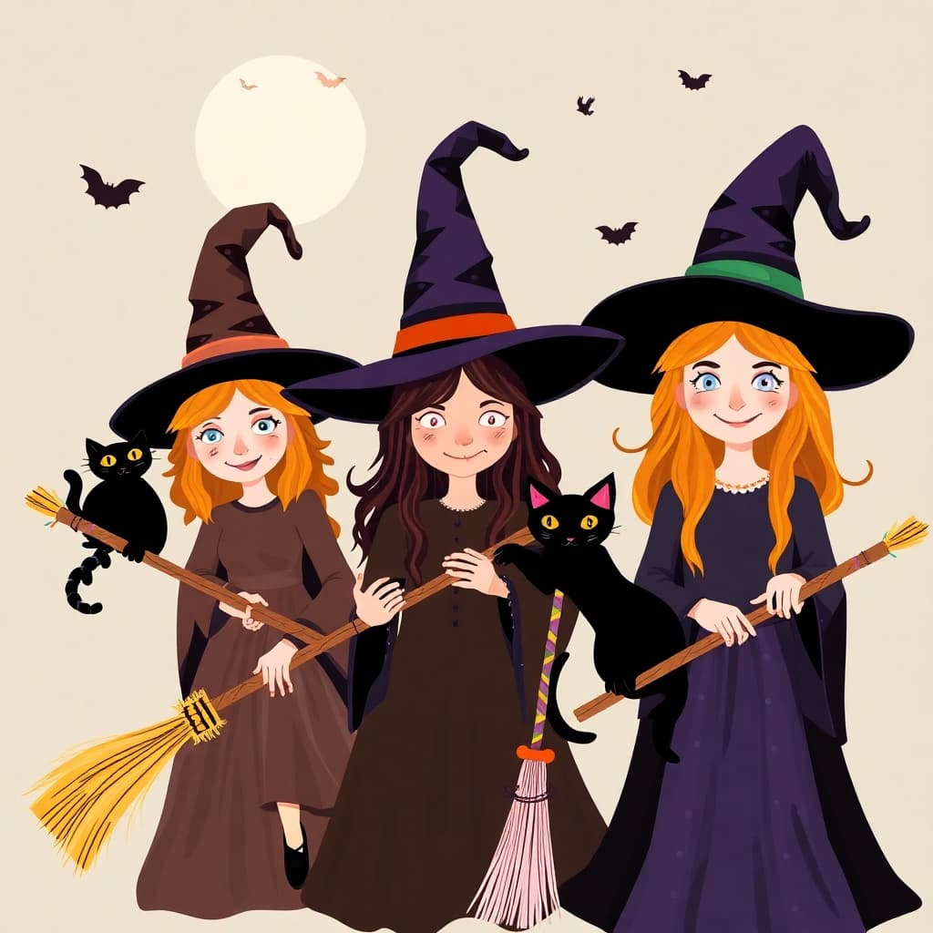 Witches with friendly black cats and colorful broomsticks