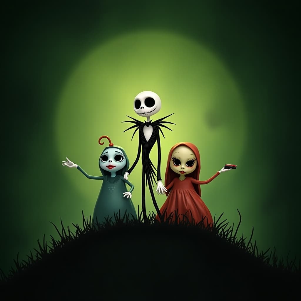 Cute characters from the nightmare before Christmas with creepy green background
