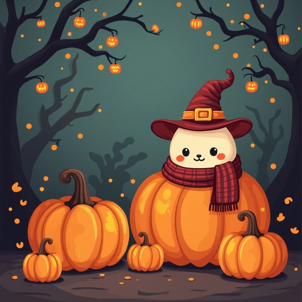 Cute pumpkins with hats and scarves in a cozy setting