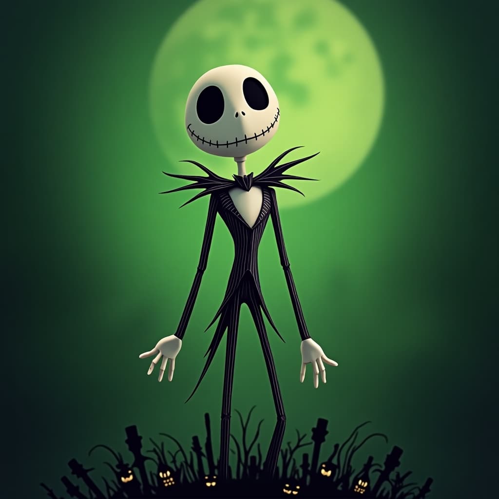 cute jack skellington with creepy green background
