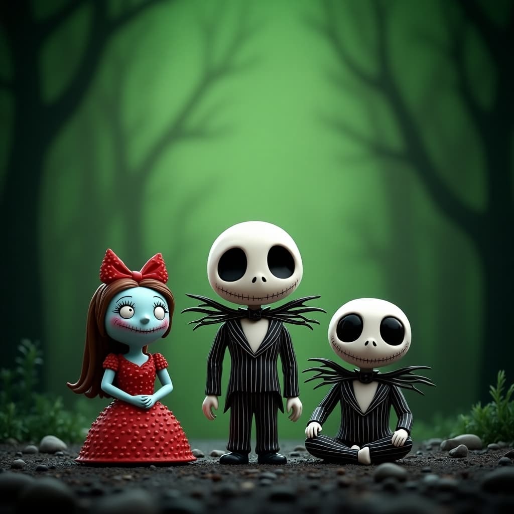 Cute characters from the nightmare before Christmas with creepy green background
