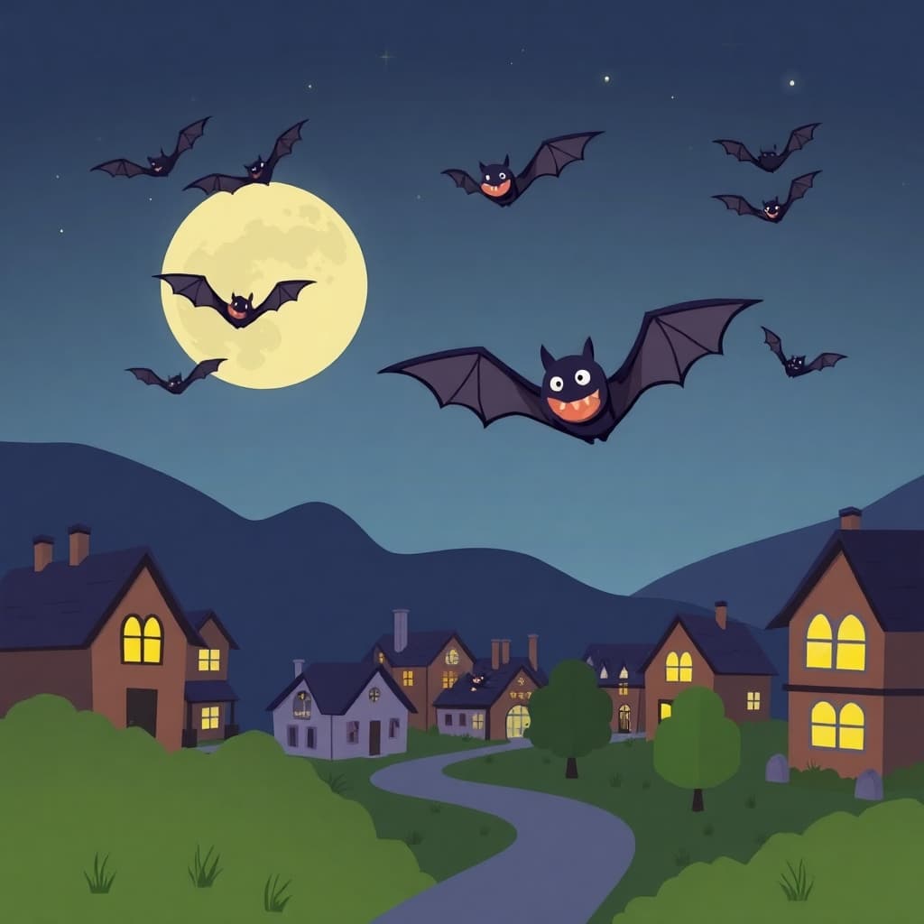 Cartoon bats flying over a moonlit village