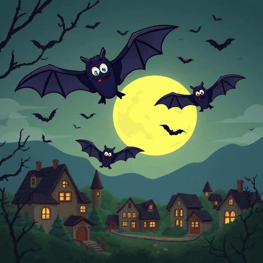 Cartoon bats flying over a moonlit village