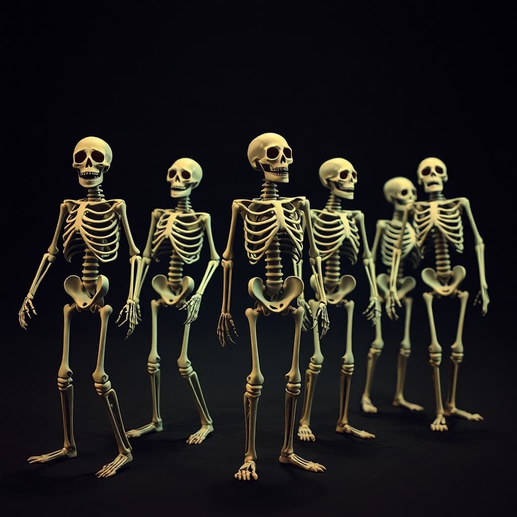 Playful skeletons in a conga line