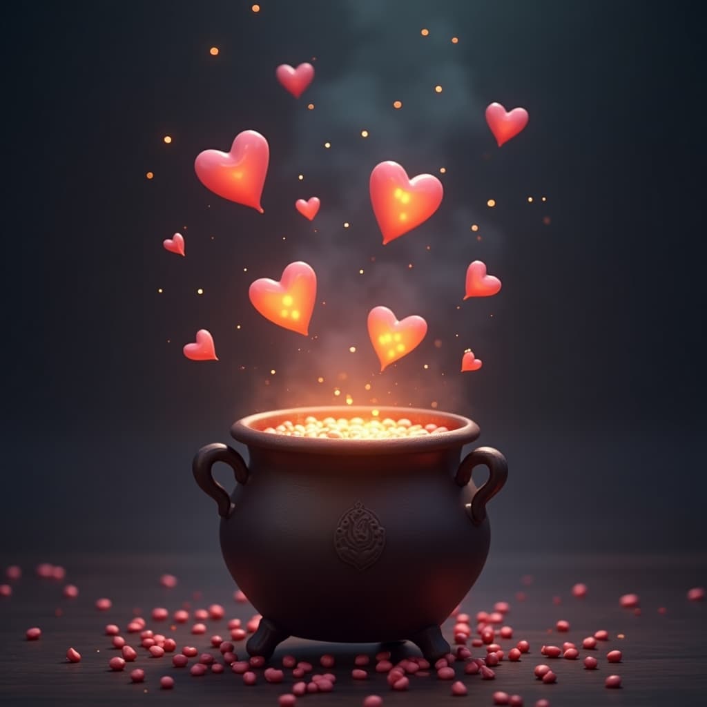 Charming cauldrons with floating hearts