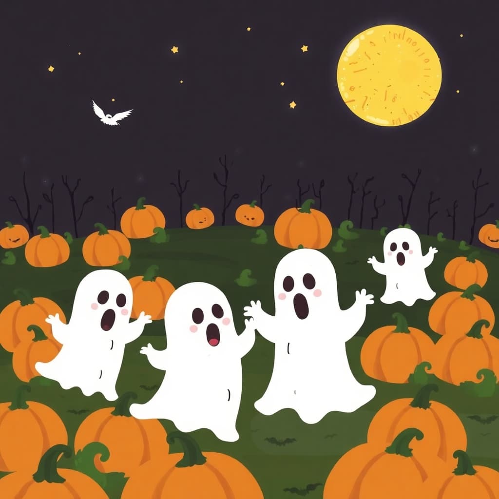 Adorable ghosts playing in a pumpkin patch