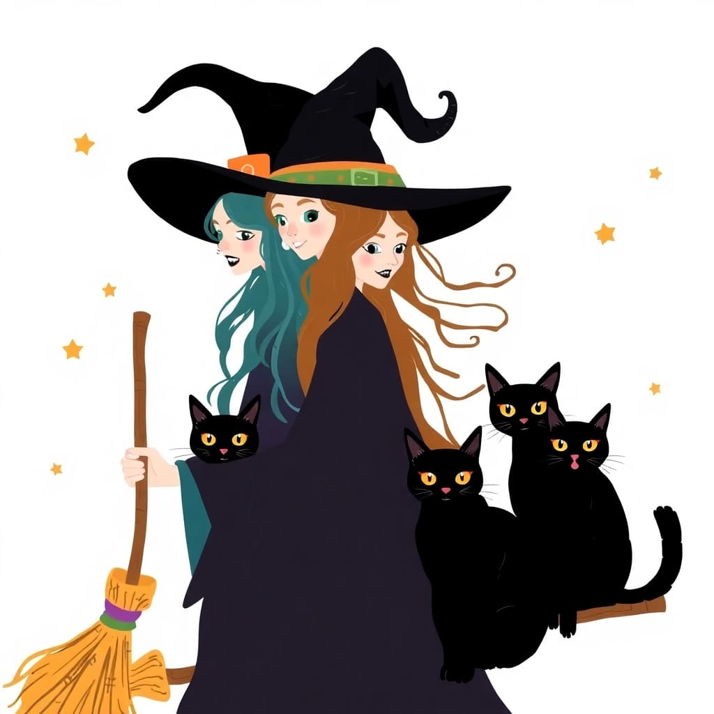 Witches with friendly black cats and colorful broomsticks